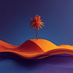 Stylized digital artwork depicting a single palm tree on an orange sand dune against a deep blue-purple sky, showcasing a minimalist and surreal desert landscape