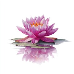 A pink water lily floats serenely on calm water, its reflection mirroring its beauty against a stark white background, showcasing detailed petals and leaves