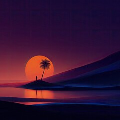 Solitary figure silhouetted against a large, vibrant orange sunset over a calm body of water, a single palm tree beside them on a small island, dark purple and blue hues dominate the landscape