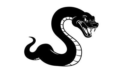 Naklejka premium A silhouette cartoon vector of an angry snake with exaggerated fangs and dramatic curves, centered on a white background 