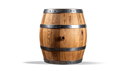 Fototapeta premium A full-bodied, light-brown wooden barrel, highlighted by dark metal bands and studded with decorative rivets, sits majestically against a stark white background.