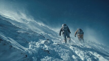 Snowy mountain hike by two mountaineers concept. Two climbers tackle a snowy mountain in fierce wind conditions.