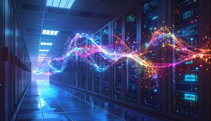 A server room hallway showcases vibrant, glowing data streams, creating a dynamic and futuristic visual.
