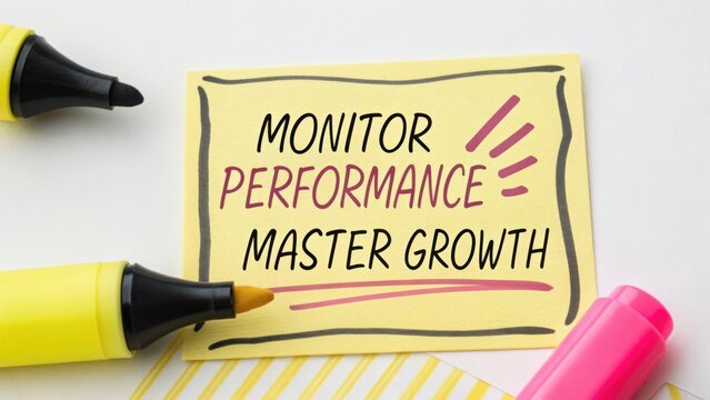 Creative Workspace with Sticky Note Reminders for Performance Monitoring and Growth Mastery Using Bright Markers and Stationery