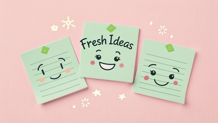 Cute and Colorful Sticky Notes with Smiley Faces and Fresh Ideas on a Soft Pink Background for Creative Inspiration