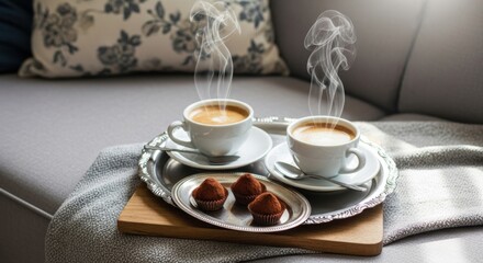 Two cups of coffee with truffles on a silver tray sitting on a couch with a floral pillow