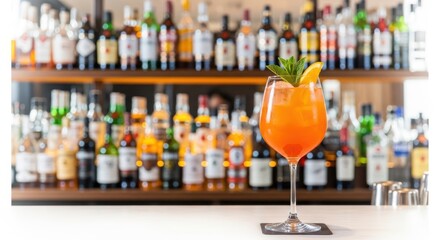 A vibrant orange cocktail with a garnish of rosemary and orange slice, served in a stemmed glass, with a blurred bar shelf full of liquor bottles in the background