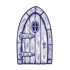 Hand drawn vintage fairy tale arched wooden door with small circular window and handle