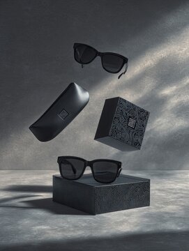 Floating black sunglasses with case and box on dark background, illuminated by sunlight