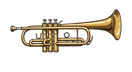 Obraz premium A realistic vector illustration of a golden trumpet with detailed valves and reflections, centered on a clean white background 