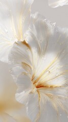 Close-up of delicate, creamy white flower petals with subtle light and shadow, showing water droplets