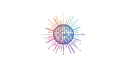 A stylized vector of a disco ball with light rays and sparkles, centered on a clean white background
