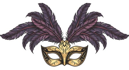A bold vector of a mask and feathers for a masquerade party theme, centered on a plain white background

