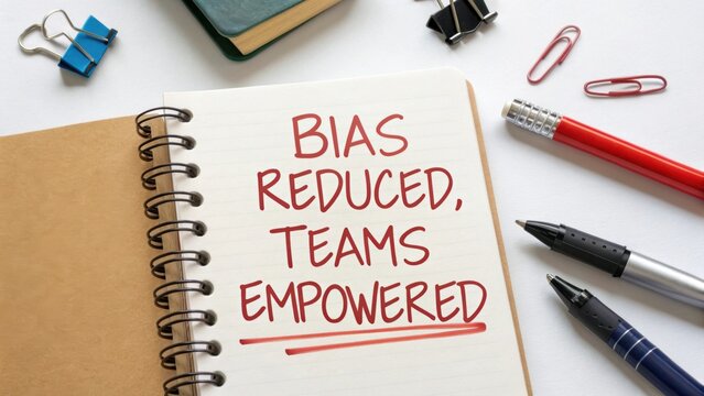 Empowering Teams Through Reduced Bias in the Workplace: A Desk Setup with Stationery and Notebook Reflection