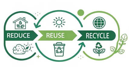 Reduce Reuse Recycle Concept with Illustrative Icons and Green Color Theme for Environmental Sustainability Awareness Campaign