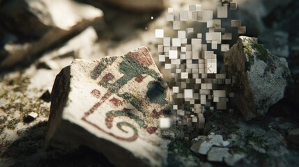 A fragment of ancient tile, adorned with faded painted designs, crumbles into digital pixels amidst a field of rubble and earth