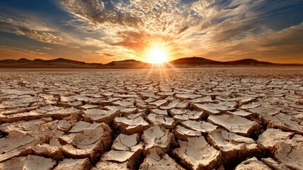 Obraz premium A breathtaking view of a cracked, parched landscape under a vibrant sunset. The dry earth reflects the sunlight, highlighting the beauty of nature's resilience amid adversity.