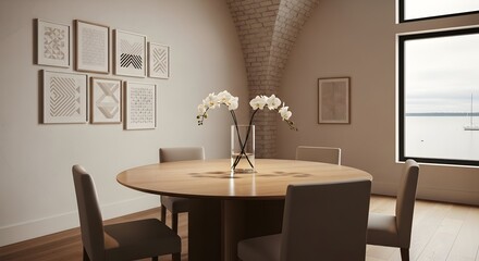 A contemporary dining room features a round wooden table, beige chairs, a glass vase with white orchids, and minimalist artwork. Large windows offer a scenic city view. The