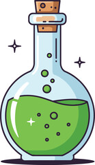 This 8-bit pixel art illustration depicts a round glass bottle with a cork stopper, filled with a vibrant green potion or elixir.
