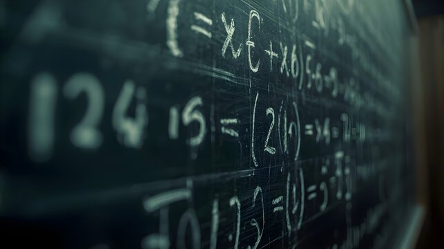 Mathematical equations and numbers written in chalk on a dark blackboard.