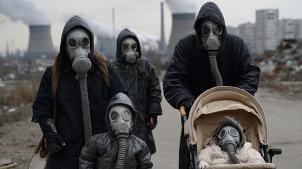 Obraz premium A family wearing gas masks walks through a polluted environment, highlighting the impact of industrialization on health and safety