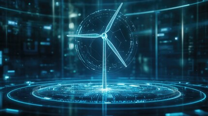 A futuristic representation of a wind turbine, highlighted in a blue digital environment
