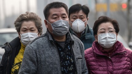 A group of individuals wearing masks in an urban environment, showcasing the impact of health concerns on daily life. Their expressions convey a mix of caution and resilience.