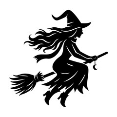 Witch on Broomstick Silhouette – Halloween Flying Witch Vector, Black Witch Clipart, Spooky Halloween Illustration