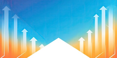 Abstract graphic featuring upward-trending arrows against a vibrant orange-to-blue gradient background, overlaid by a central white triangle
