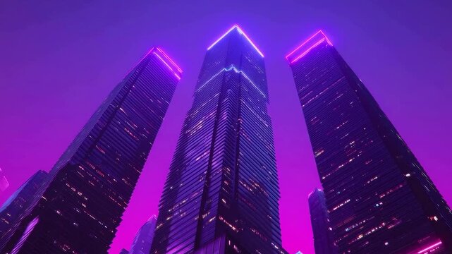 Neon skyscraper purple sky futuristic tower city skyline night architecture glowing rooftop reflective glass urban highrise neon skyscraper