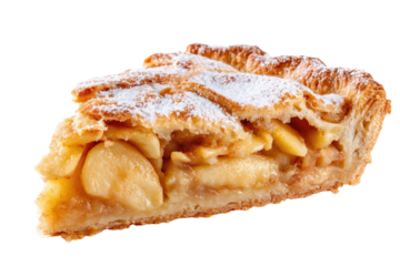 Close-up of a slice of apple pie.  A golden-brown, flaky pastry crust forms the edge of a slice, topped with a dusting of powdered sugar.  The filling is visible within, filled with chunks of apples