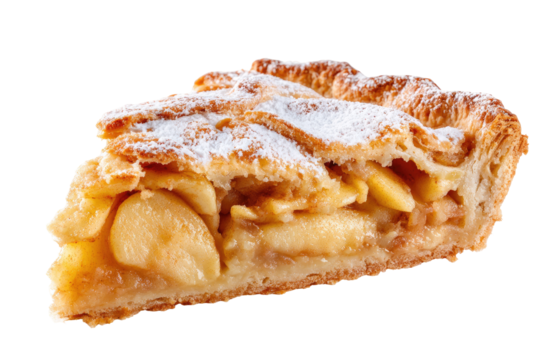 Close-up of a slice of apple pie.  A golden-brown, flaky pastry crust forms the edge of a slice, topped with a dusting of powdered sugar.  The filling is visible within, filled with chunks of apples