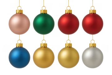 Eight colorful christmas balls hanging with transparent background