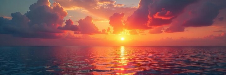 Naklejka premium Spectacular sunset over calm ocean waters, fiery hues painting the sky and reflecting on the tranquil sea Perfect for travel, nature, and serenity themes , tranquility, sea view, beautiful