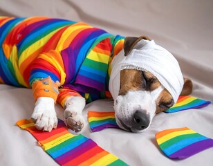 Injured dog in rainbow outfit