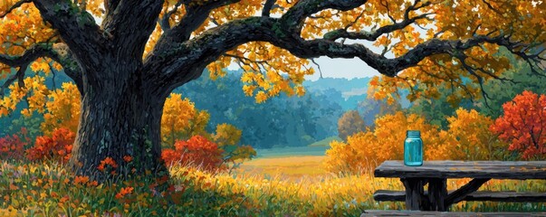 Tree with leaves beside jar of appreciation notes concept. Vibrant autumn scene with colorful trees and tranquil picnic area.