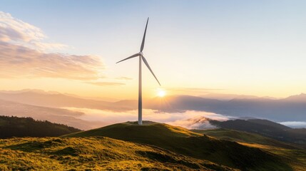Obraz premium A stunning wind turbine stands majestically on a hillside during sunrise, surrounded by lush greenery and a serene sky