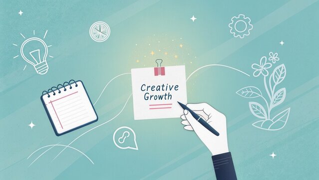 Hand Writing on Note with Creative Growth Theme Surrounded by Icons Representing Ideas, Nature, and Innovation