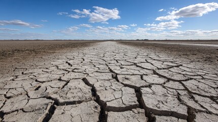 A vast, dry landscape featuring cracked earth under a blue sky with scattered clouds, representing the effects of drought and climate change on the environment.