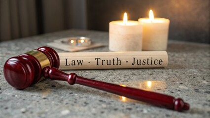 Wooden gavel beside candles with words Law Truth Justice on stone table for themes of legal authority and moral principles