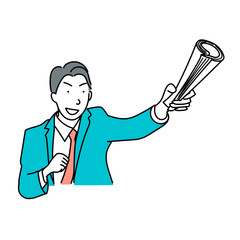 新聞を丸めて掲げるスーツ姿のビジネスマンを描いたベクターイラスト｜元気に情報を伝える姿をシンプルに表現した白背景の人物素材