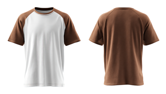 Front and back views of a blank t-shirt.  The front is white with a burnt-orange raglan sleeve. The back is burnt-orange.  Blank template for design