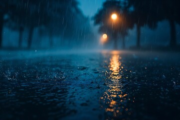 Rain on Street at Night with Light Reflection