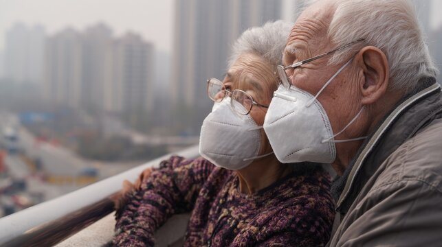 An elderly couple wearing face masks gazes thoughtfully over a cityscape. Their expressions reflect concern for health and safety in an urban environment impacted by pollution.