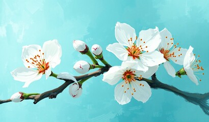 A beautiful branch with delicate white blossoms and unopened buds against a vibrant teal sky, symbolizing spring's fresh beauty.