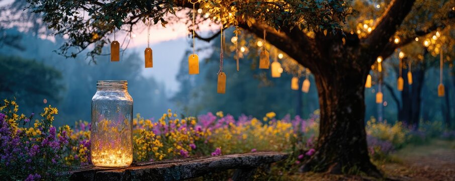 Tree with leaves beside jar of appreciation notes concept. A serene tree illuminated by floating lanterns in a tranquil setting. - Powered by Adobe