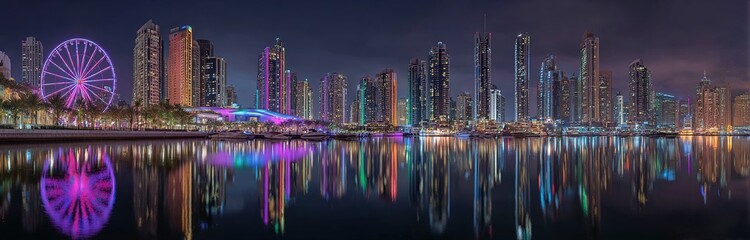 Fototapeta premium Futuristic City Skyline at Night with Neon Ferris Wheel and Water Reflection, Modern Urban Landscape with Colorful Lights for Travel and Tourism