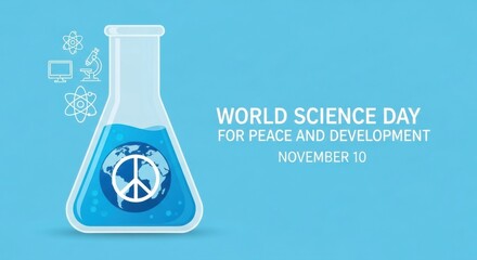 Illustration for world science day with flask and peace globe on a blue background