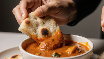 Butter chicken creamy curry naan Indian food dipping hand comfort meal spicy tomato sauce dinner