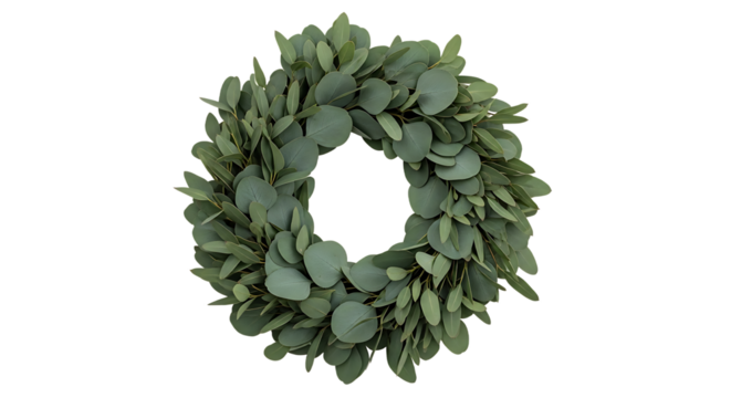 Elegant circular arrangement of fresh green eucalyptus leaves, forming a beautiful decorative wreath, perfect for adding a touch of natural beauty to any home or celebration